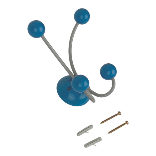 Porte-manteau mural JUNIOR, Plaque en bois bleu et fer gris, 4 têtes en bois peint