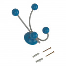 Porte-manteau mural JUNIOR, Plaque en bois bleu et fer gris, 4 têtes en bois peint