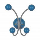 Porte-manteau mural JUNIOR, Plaque en bois bleu et fer gris, 4 têtes en bois peint