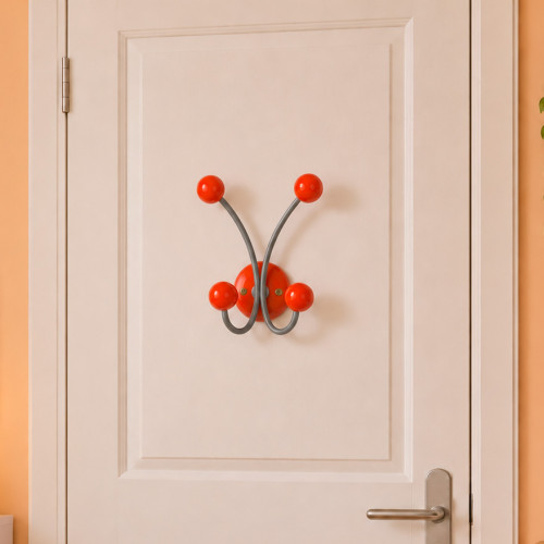 Porte-manteau mural JUNIOR, Plaque en bois rouge et fer gris, 4 têtes en bois peint