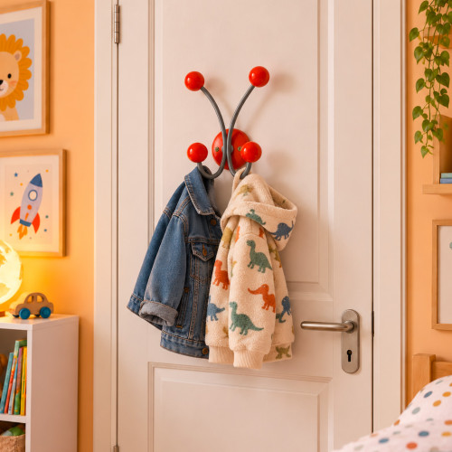 Porte-manteau mural JUNIOR, Plaque en bois rouge et fer gris, 4 têtes en bois peint