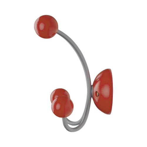 Porte-manteau mural JUNIOR, Plaque en bois rouge et fer gris, 4 têtes en bois peint