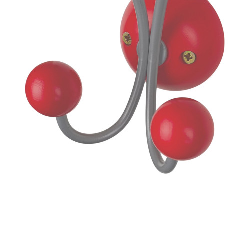 Porte-manteau mural JUNIOR, Plaque en bois rouge et fer gris, 4 têtes en bois peint