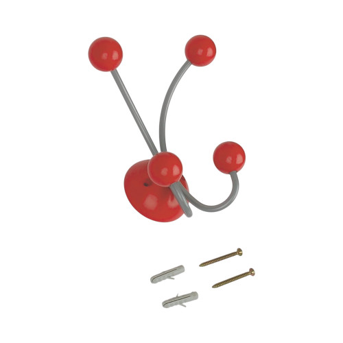 Porte-manteau mural JUNIOR, Plaque en bois rouge et fer gris, 4 têtes en bois peint