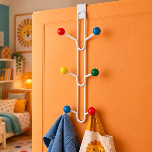 Porte-manteau à suspendre FAMILY, Plaque en fer blanc, 6 têtes en bois multicolores