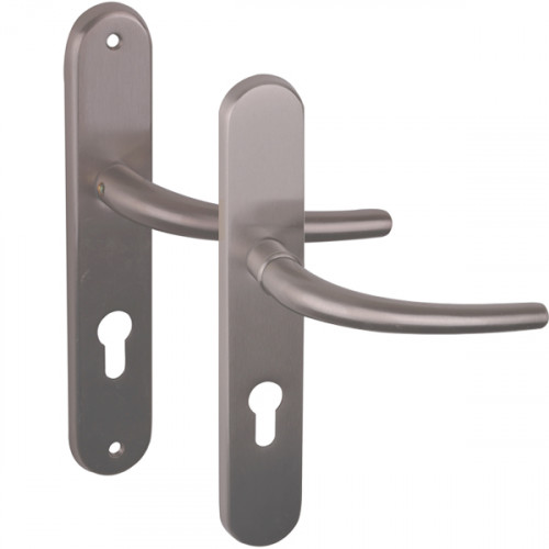 Angle 1 : côté extérieur à réhausse, côté intérieur à béquille normale Vega en laiton nickel mat pour porte d'entrée