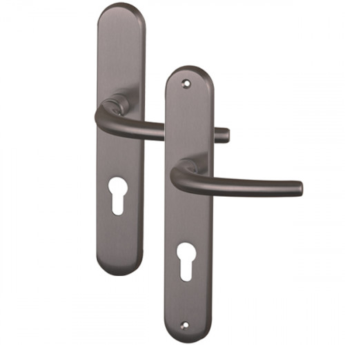 Angle 2 : côté extérieur à réhausse, côté intérieur à béquille normale Vega en laiton nickel mat pour porte d'entrée