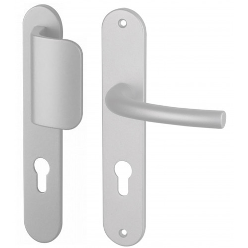 Angle 1 : 1 côté palière réversible sur plaque modèle Zenia Aluminium anodisé  F1 Argent, 1 côté pour porte intérieur