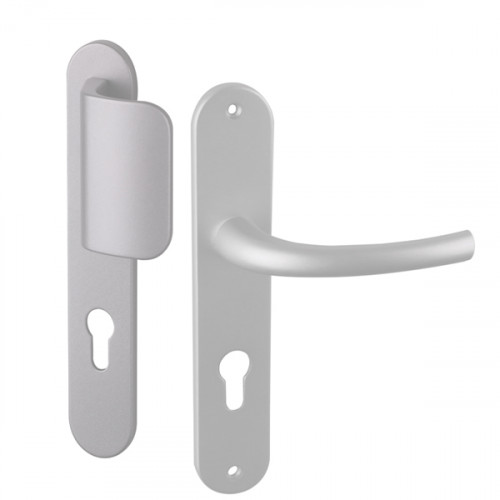 Angle 2 : 1 côté palière réversible sur plaque modèle Zenia Aluminium anodisé  F1 Argent, 1 côté pour porte intérieur