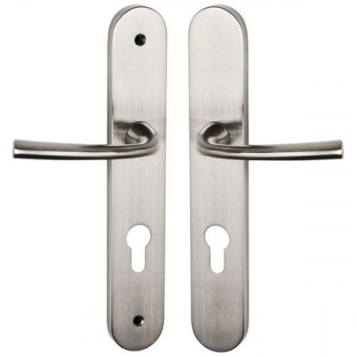 Ensemble de poignées Magali Nickel Mat pour porte d'entrée, côté extérieur à vis non apparentes, côté intérieur à vis apparentes