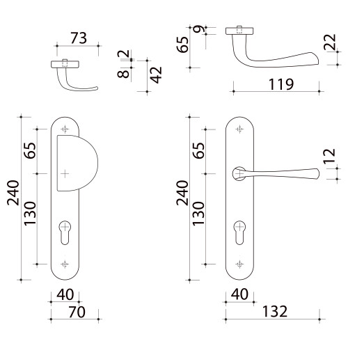 Schéma, 1 côté palière réversible sur plaque à vis non apparentes, 1 côté pour porte intérieur en Zamak Nickel Mat, Magali
