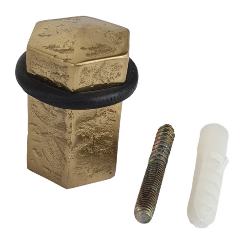 Butée de porte sol HEXAGONE, Laiton doré anneau Caoutchouc noir