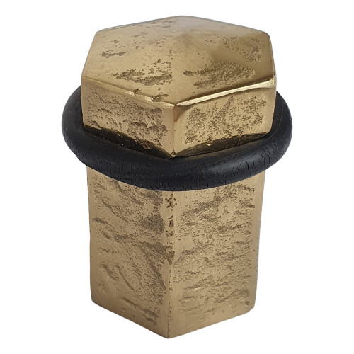 Butée de porte sol HEXAGONE, Laiton doré anneau Caoutchouc noir